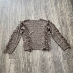 Aqua Cashmere - 100% Cashmere Taupe Brown Crewneck Sweater w/ Fringe Detail - XS